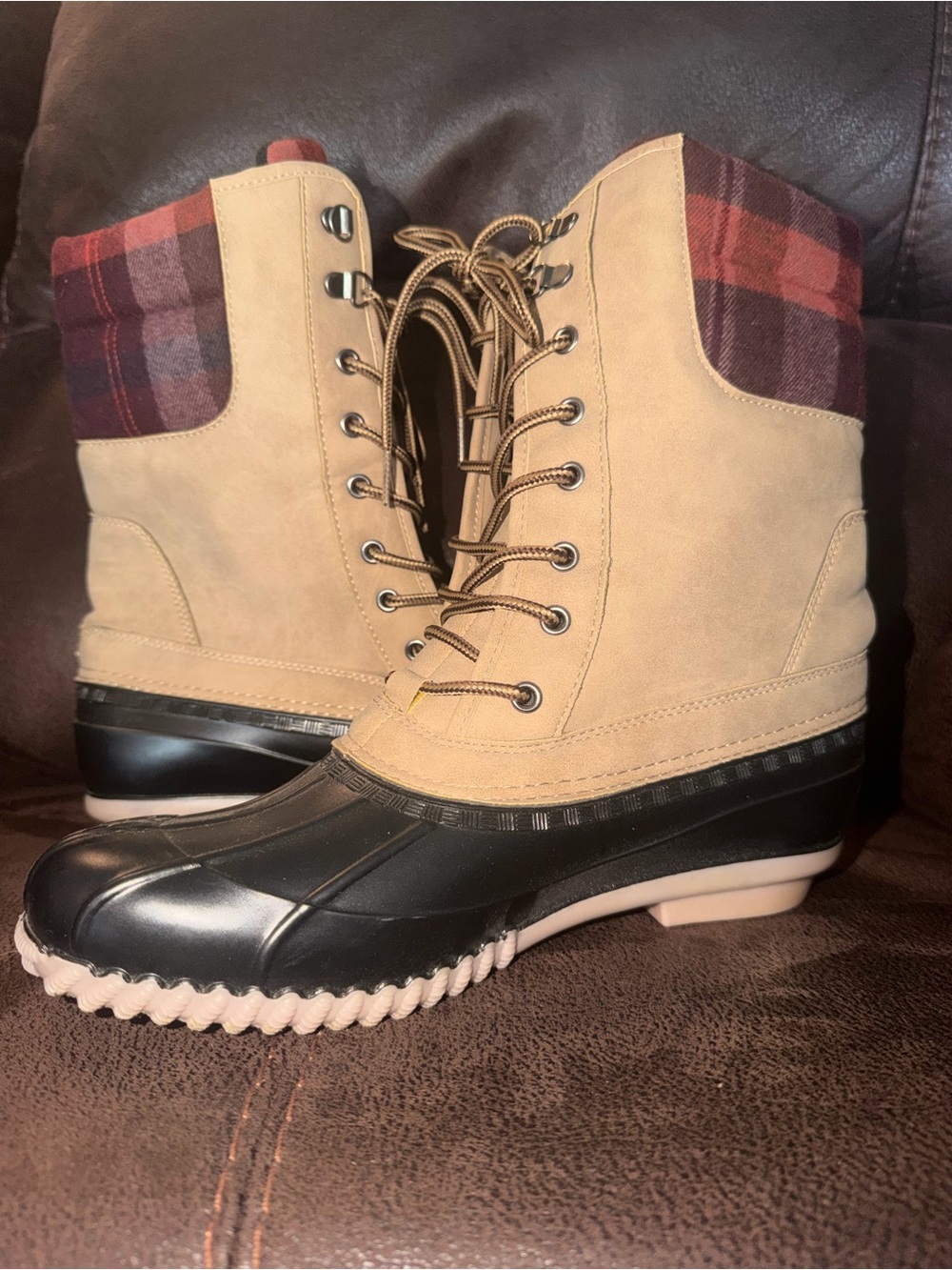 Classic Tan Duck Boots with Plaid Collar